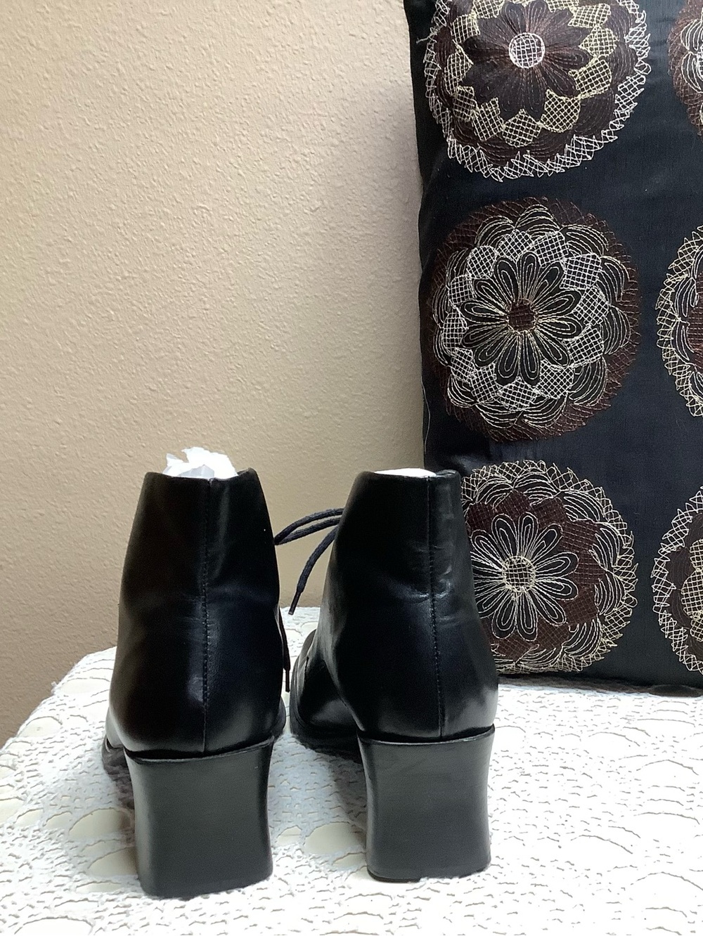 Retro 90s Y2K Vintage PESARO Black Leather Chunky Square Toe Ankle Boots Sz 8.5 - Picture 6 of 9